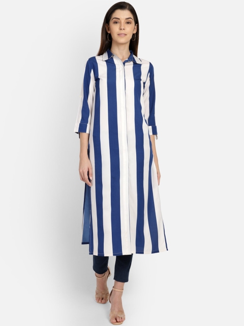 

Yaadleen Women Blue & White Striped Straight Kurta