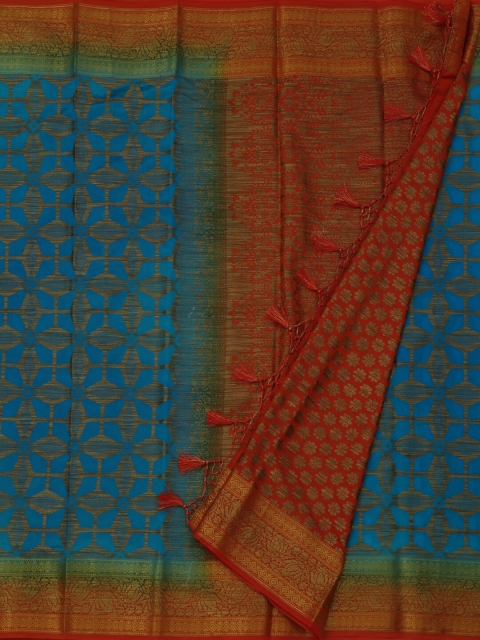 Pothys Blue & Orange Jute Silk Woven Design Saree
