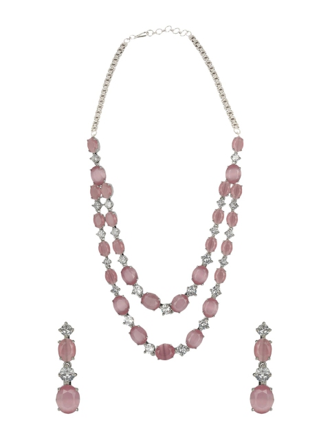 

ANIKAS CREATION Silver-Plated Pink & White American Diamond Studded Jadau Jewellery Set