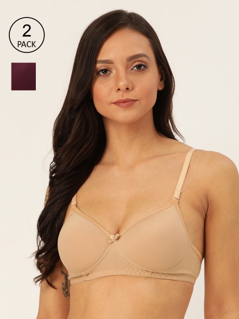 Lady Lyka Pack of 2 Solid Non-Wired Lightly Padded T-shirt Bra, Beige