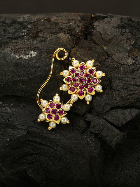 

Adwitiya Collection 24-CT Gold-Plated Pink & White Marathi Stone-Studded Pearl-Beaded Nose Pin