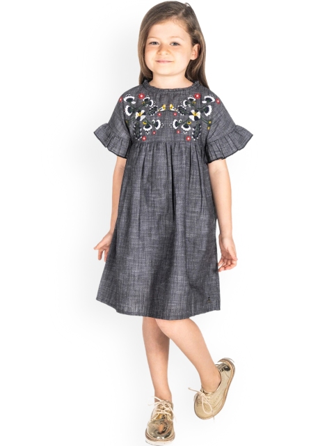 

Cherry Crumble Girls Grey Embroidered A-Line Dress