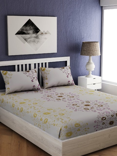 

EverHOME Grey & Yellow Floral 210 TC Cotton 1 King Bedsheet with 2 Pillow Covers