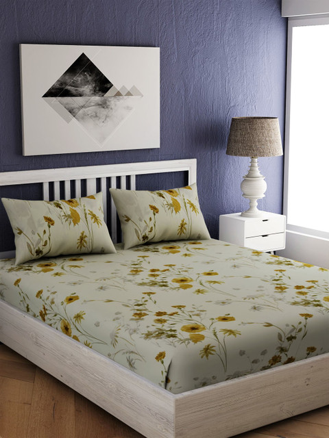

EverHOME Green & Yellow Floral 210 TC Cotton 1 King Bedsheet with 2 Pillow Covers