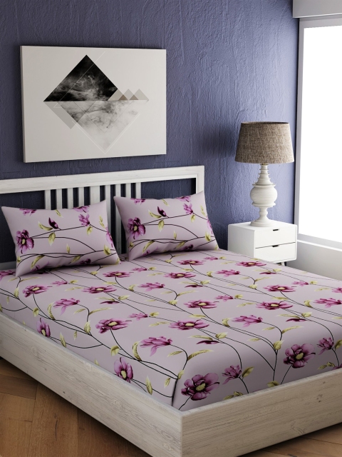 

EverHOME Purple Floral 210 TC Cotton 1 Queen Bedsheet with 2 Pillow Covers