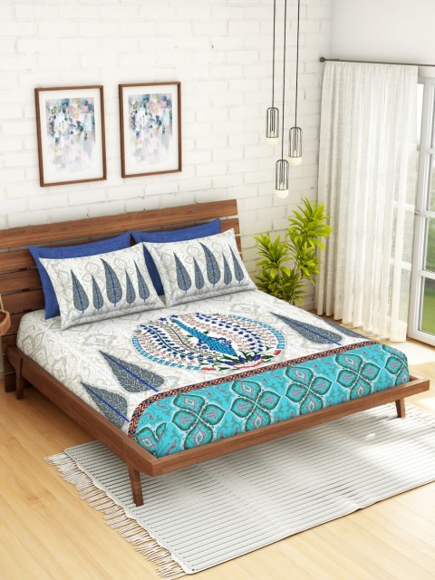 

SPACES Blue & White Floral 300 TC Cotton 1 King Bedsheet with 4 Pillow Covers