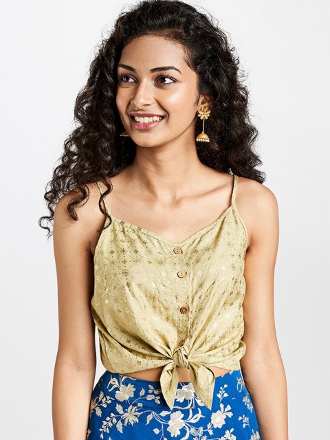 

Global Desi Women Beige Printed Crop Top