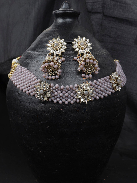 

ANIKAS CREATION Gold-Plated & Mauve Pearl Beaded Handcrafted Choker Jewellery Set