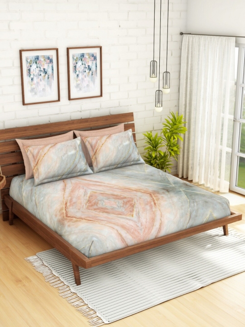 

SPACES Coral & Grey Abstract 300 TC Cotton 1 King Bedsheet with 4 Pillow Covers