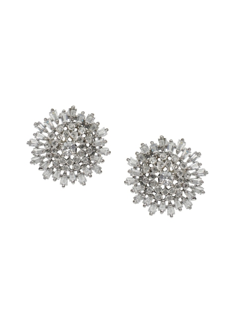 

ANIKAS CREATION White & Silver-Plated Classic American Diamond Studded Studs