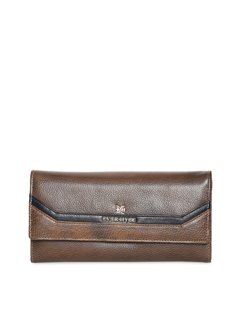 

EVER HYDE Green & Brown Solid Leather Envelope Clutch