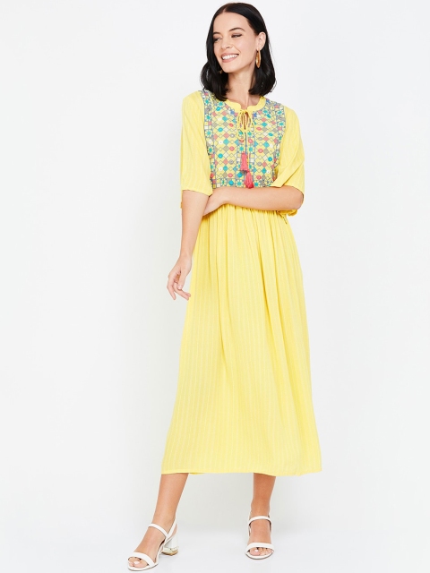 

Colour Me by Melange Women Yellow Embroidered A-Line Dress