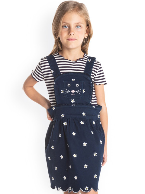 

Cherry Crumble Girls Navy Blue Embroidered Pinafore Dress