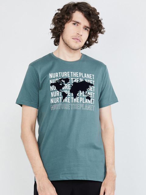 

max Men Green White Printed Round Neck Pure Cotton T-shirt