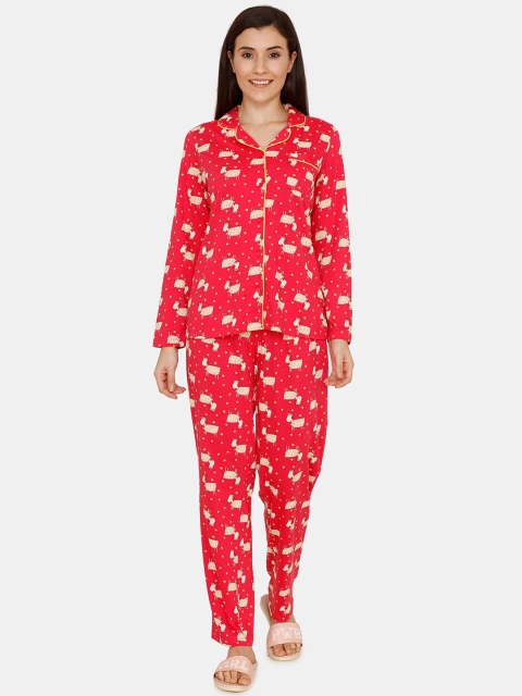 

Zivame Women Red & Brown Printed Night Suit