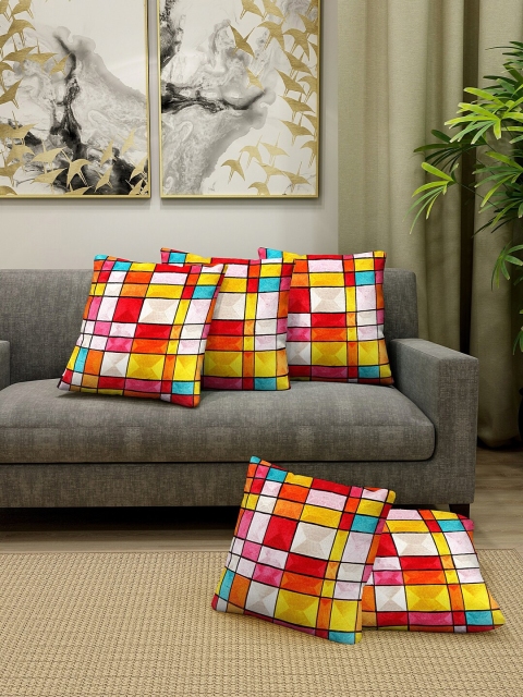 

KLOTTHE Set Of 5 Red & Yellow Embroidered Square Cushions