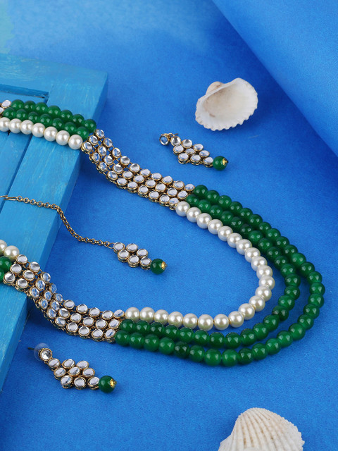 

ANIKAS CREATION Gold-Plated Green & White Beaded Kundan-Studded Multi-Stranded Jadau Jewellery Set