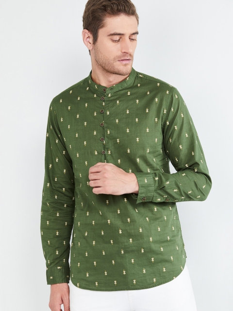 

max Men Green & Off-White Woven Design A-Line Kurta