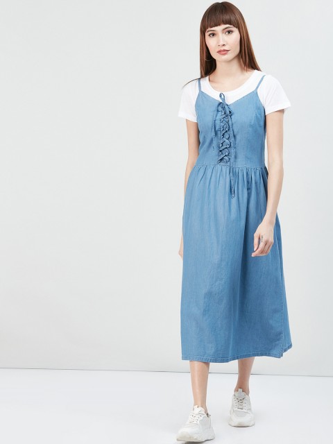 

max Women Blue & White Denim Pinafore Dress