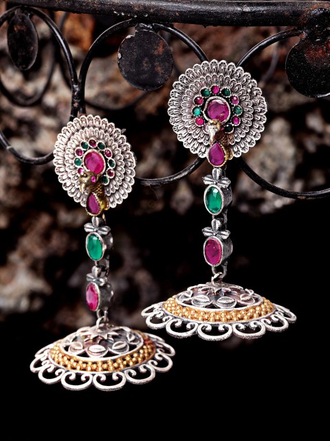 

Melani Borsa Silver-Toned & Green Triangular Jhumkas