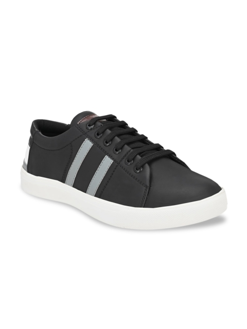 

REFOAM Men Black Striped Synthetic Leather Mid-Top Sneakers