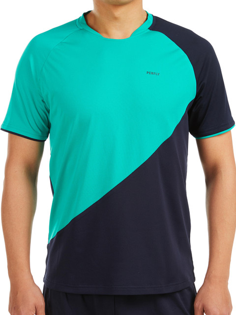 

PERFLY By Decathlon Men Navy Blue & Green Colourblocked Round Neck T-shirt