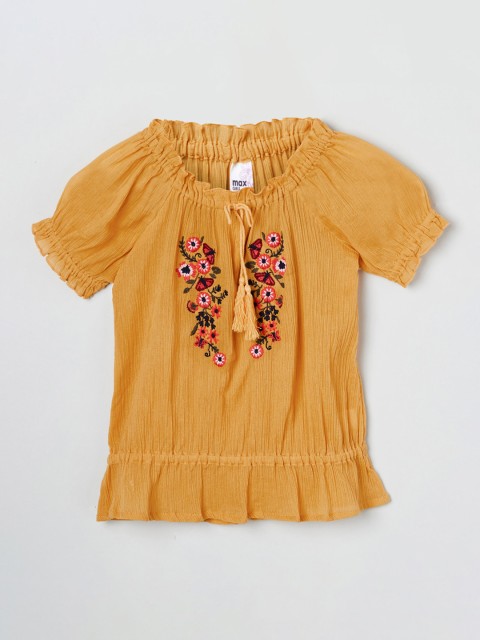 

max Girls Yellow Solid Blouson Pure Cotton Top