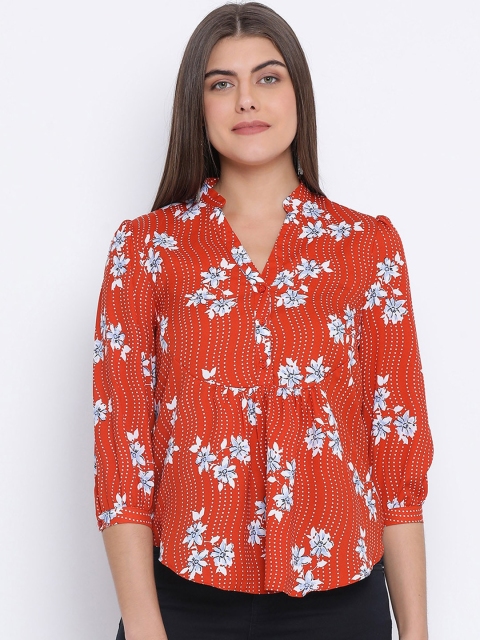 

Oxolloxo Women Red Floral Printed Shirt Style Top
