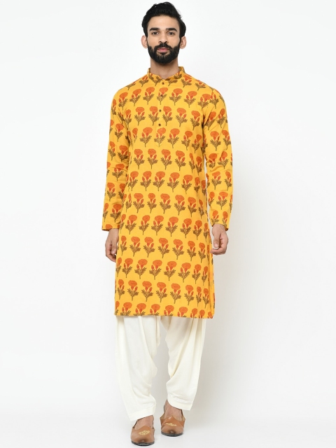 

KISAH Men Yellow & Orange Floral Print Kurta with Pyjamas