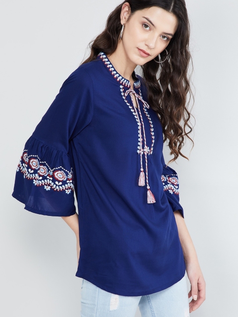 

MAX Women Blue Embroidered Tie-Up Neck Tunic
