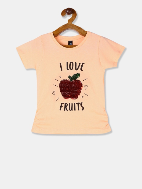 

Cherokee Girls Peach-Coloured Printed Flippy Sequin Round Neck T-shirt