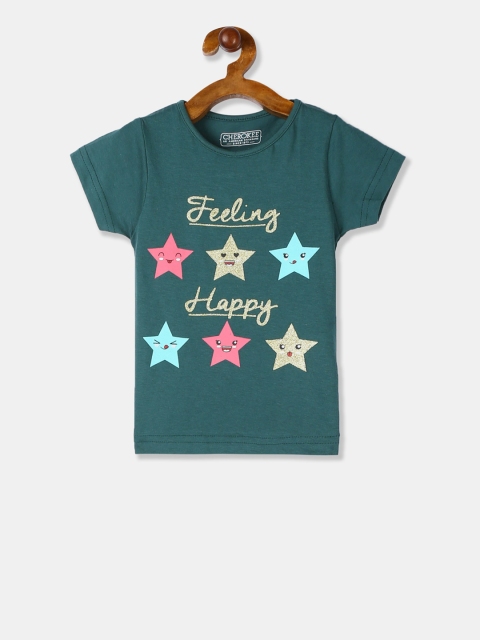 

Cherokee Girls Green & Pink Printed Round Neck T-shirt