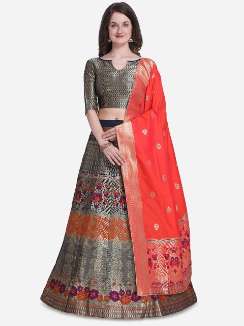 

Stylee LIFESTYLE Navy Blue & Red Woven Design Ready to Wear Lehenga & Unstitched Blouse with Dupatta