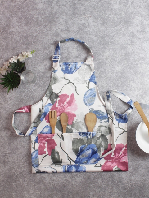 

HOUZZCODE Unisex White & Blue Floral Printed Kitchen Apron