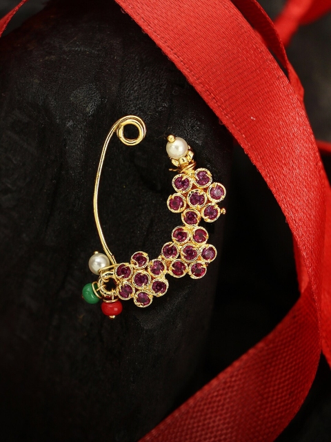

Adwitiya Collection 24-CT Gold-Plated Pink & White Marathi Flower-Shaped Stone-Studded Pearl-Beaded Nose-Pin