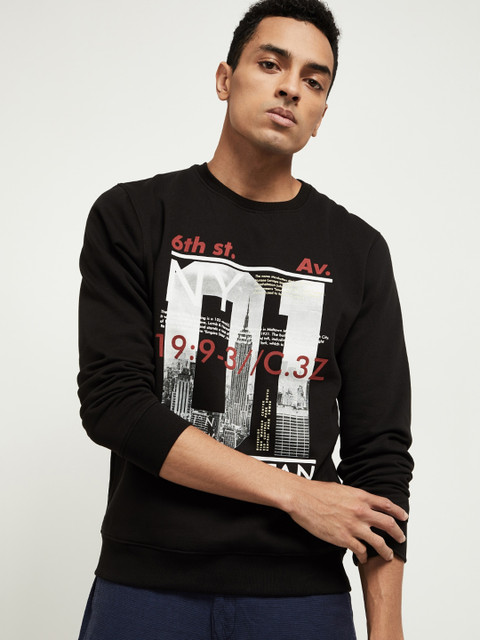 

max Men Black Printed Cotton Sweatshirt