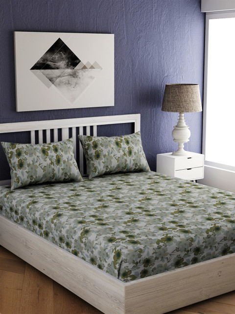 

EverHOME Grey & Olive Green Floral 210 TC Cotton 1 King Bedsheet with 2 Pillow Covers