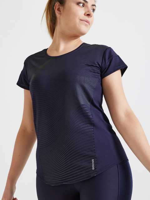 

Domyos by Decathlon Women Navy Blue Striped Round Neck Gym T-shirt