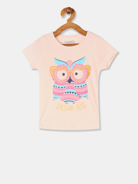 

Cherokee Girls Peach-Coloured Printed Round Neck T-shirt