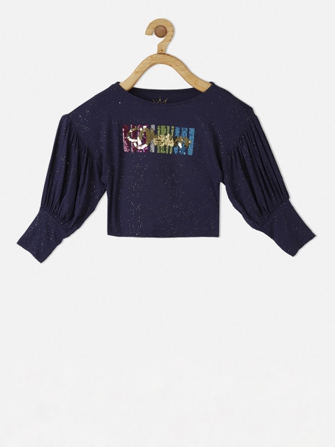 

VITAMINS Girls Navy Blue Embellished Top