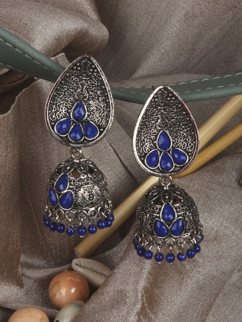 

ANIKAS CREATION Rhodium-Plated & Blue Dome Shaped Jhumkas, Metallic