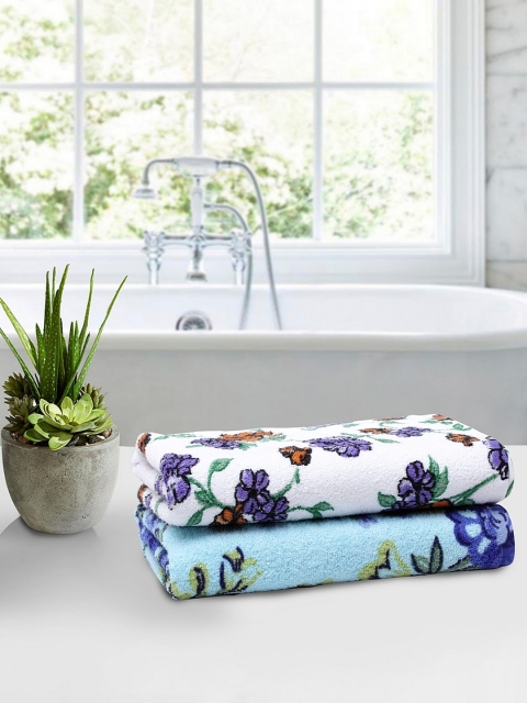 

BOMBAY DYEING Set Of 2 White & Blue Printed Country Romance Towels