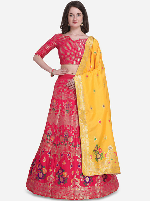 

Stylee LIFESTYLE Magenta & Yellow Woven Design Semi-Stitched Lehenga & Unstitched Blouse with Dupatta