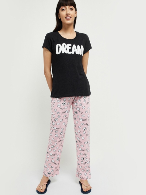 

max Women Pink & Black Printed Night Suit