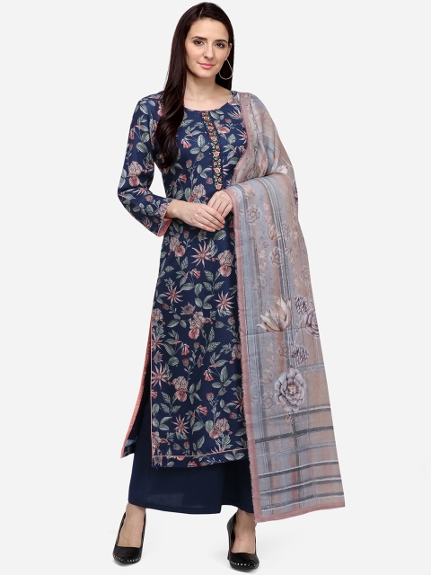 

Stylee LIFESTYLE Women Navy Blue & Beige Printed Silk Blend Unstitched Dress Material