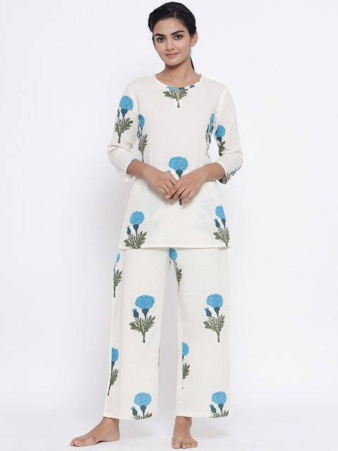 

Fabriko Women White & Blue Printed Night Suit