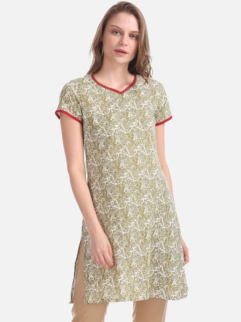 

Karigari Women Olive Green Printed Cotton Straight Kurta