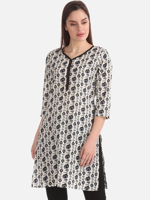 

Karigari Women Cream-Coloured & Grey Printed Straight Kurta