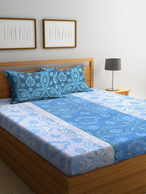 

BOMBAY DYEING Blue Ethnic Motifs 120 TC Polycotton 1 Queen Bedsheet with 2 Pillow Covers