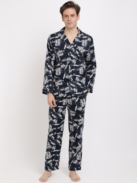

Bene Kleed Men Navy Blue & White Printed Night Suit